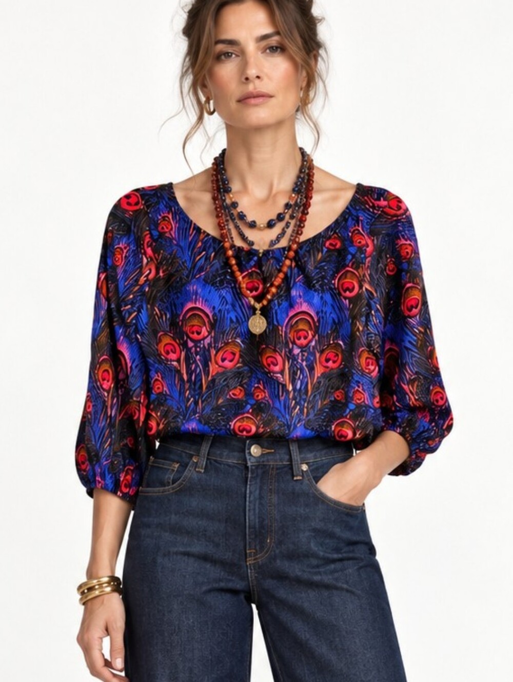Britt Ryan Blouse Silk Peacock Pattern Peasant Style